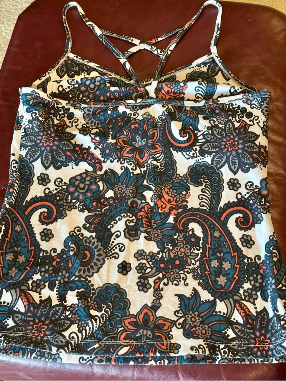 prAna Paisley Print Strappy Back Yoga Tank Top NWOT Blue Coral and Creamy White - Picture 4 of 13